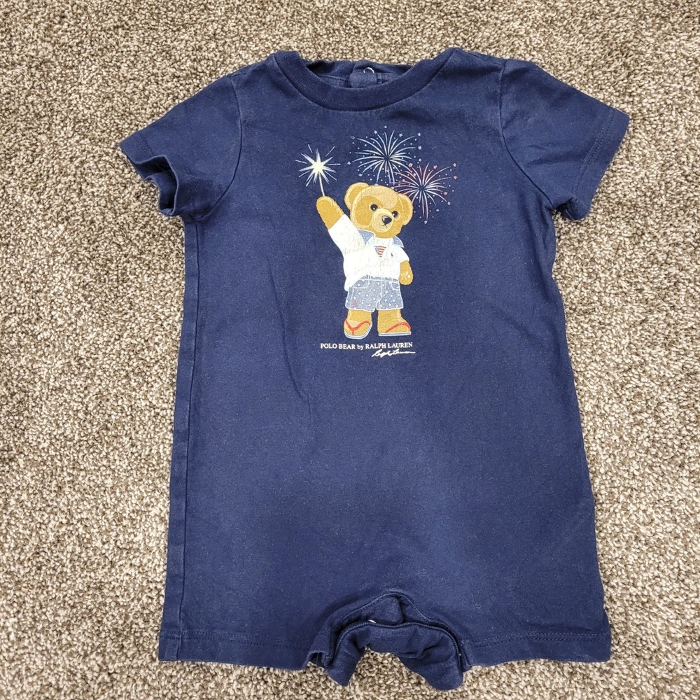 Ralph Lauren Polo Bear Navy Blue 6M Short Sleeve Graphic Romper Fireworks Summer